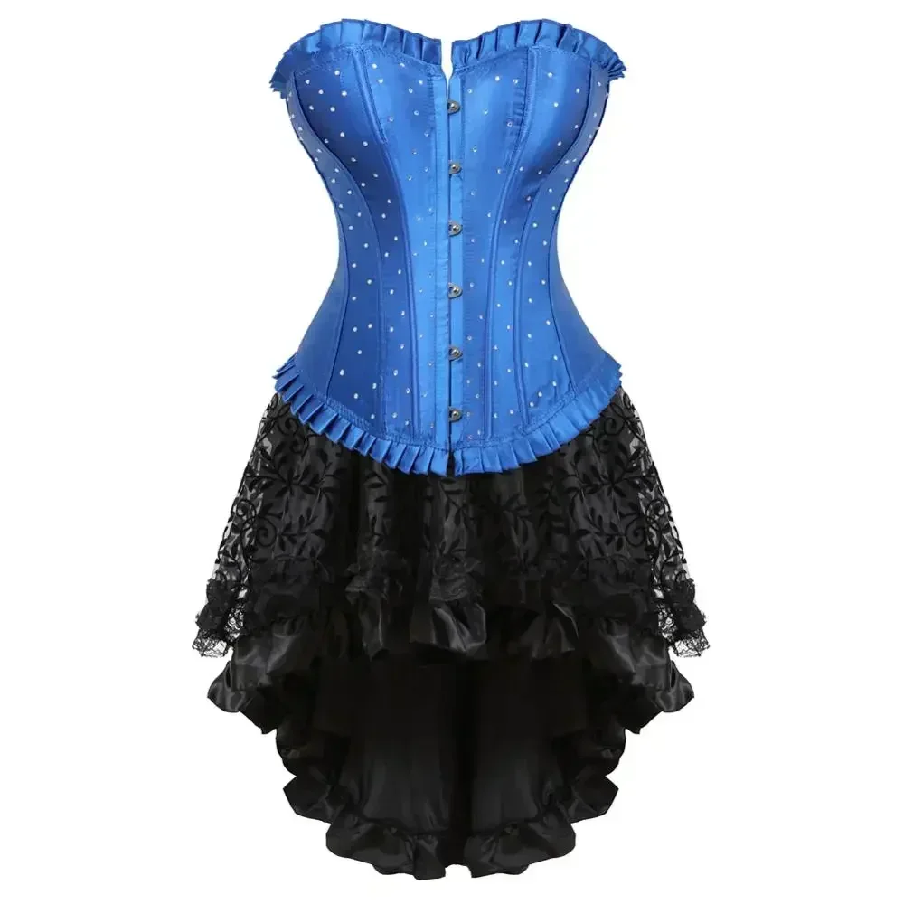 Renaissance Corset Skirt Steampunk Bustier Dress Satin Rhinestone Corsets Overbust Corselet Bodyshaper Gothic Costume Plus Size