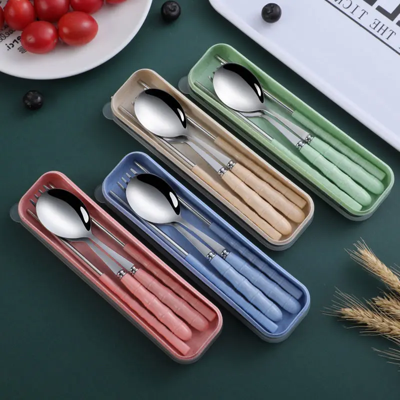 Portable Wheat Straw Cutlery Set, Stainless Steel Spoon Fork Chopsticks 3Pcs, Reusable Korean Tableware for Student Gift