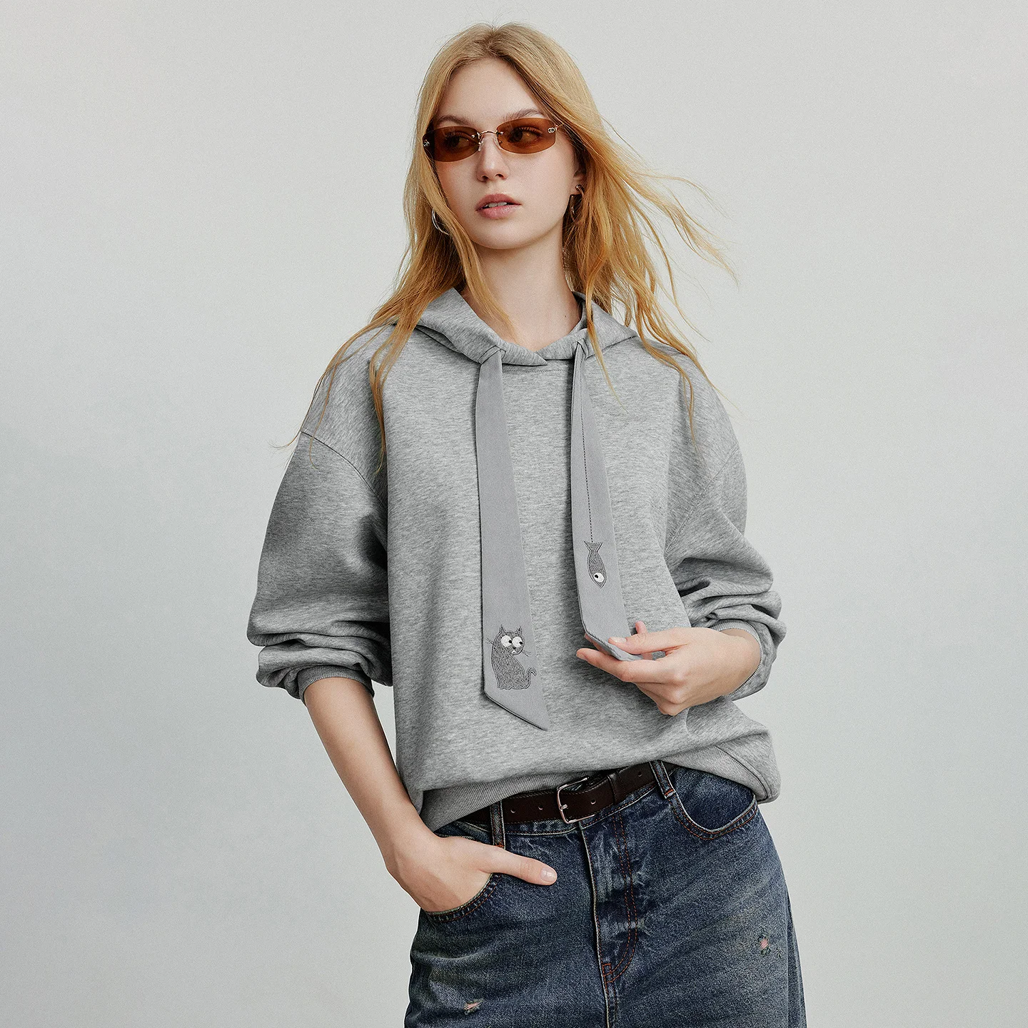 TOYOUTH Women Hoodies Sweatshirt 2025 Autumn New College Style Cat Embroidery Tie Cotton Hooded Pullover Tops