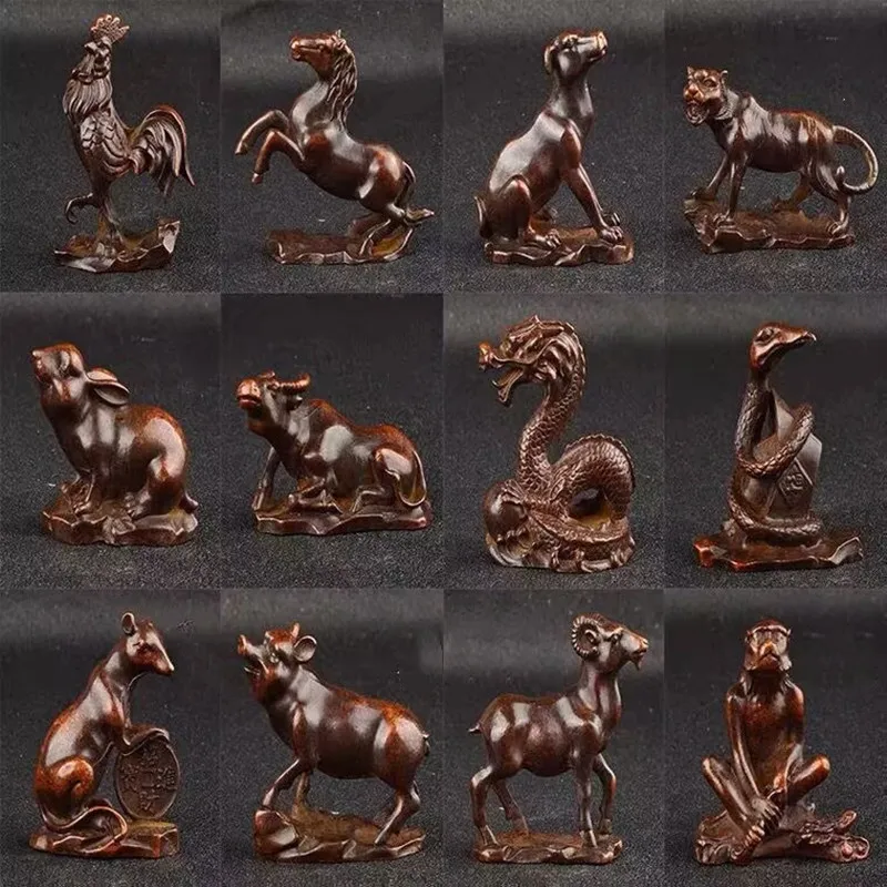 

Zodiac figurines. Dragon, Ox, Tiger, Rabbit, Rat, Snake, Horse, Goat, Monkey, Rooster, Dog, Pig, Statue Bronze Vintage Ornament