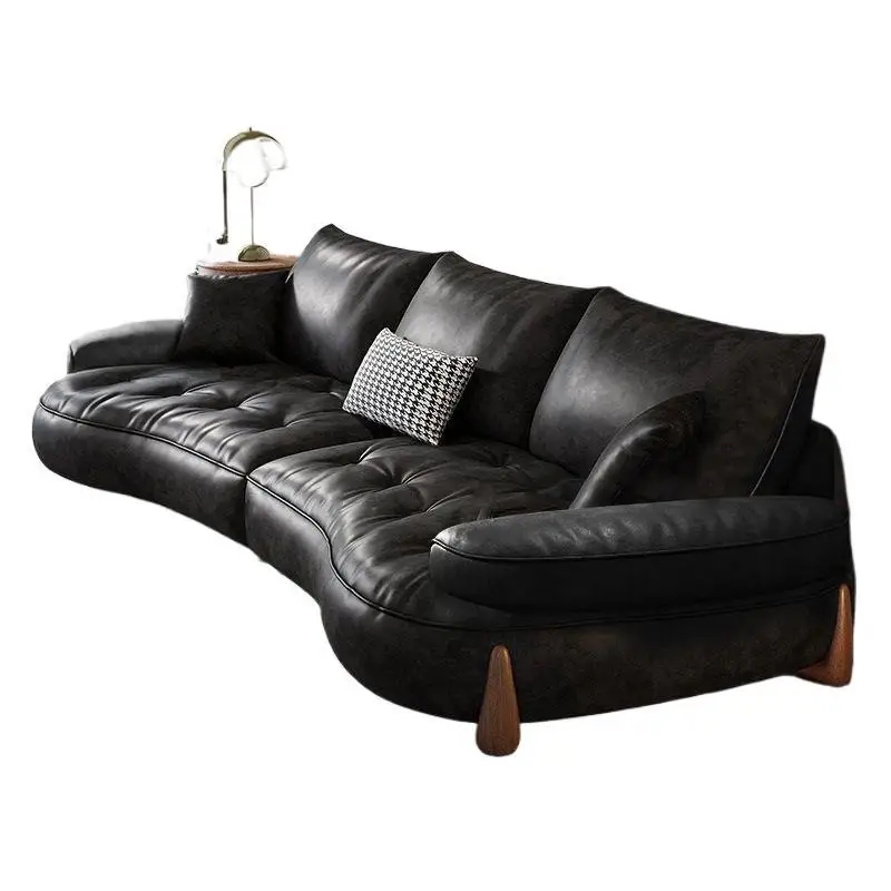 Medieval Italian light luxury leather sofa, first layer cowhide retro black sofa