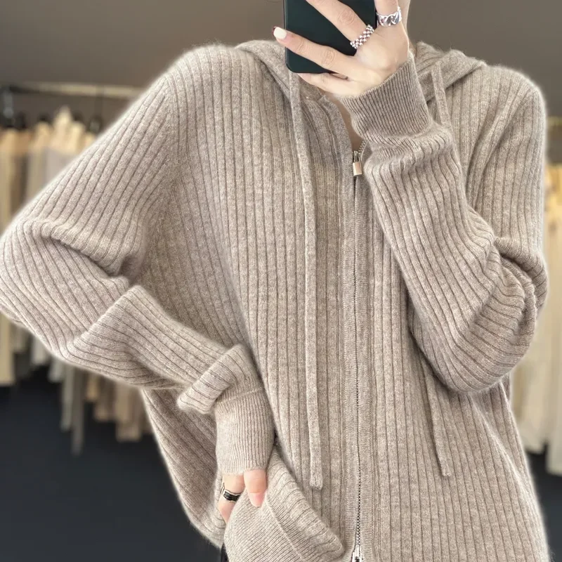 

Hooded Zippered Cashmere Knitted Cardigan Jacket Women's Spring Casual Street Wear Wool Coat Long-Sleeved Sweater N110