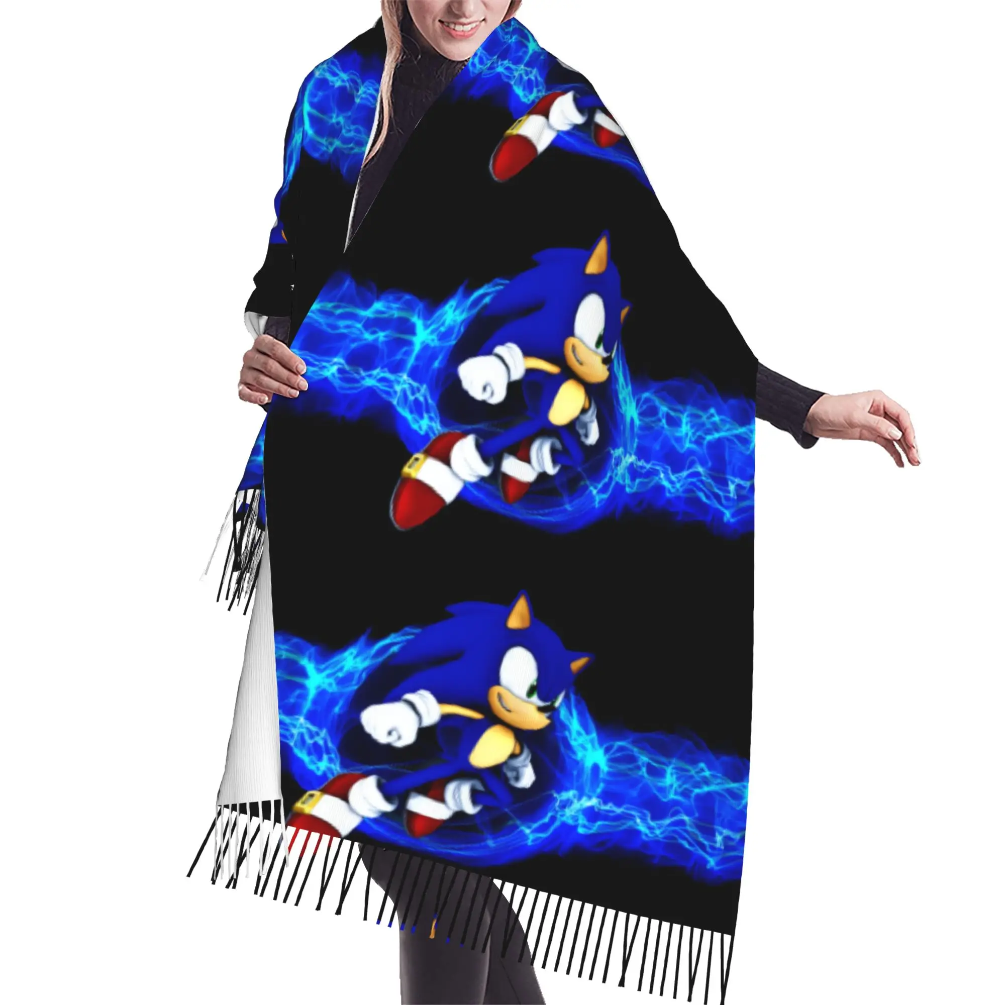 Custom Female Long S-Soniced Cartoon Scarves Women Winter Fall Thick Warm Tassel Shawl Wrap Video Game Scarf