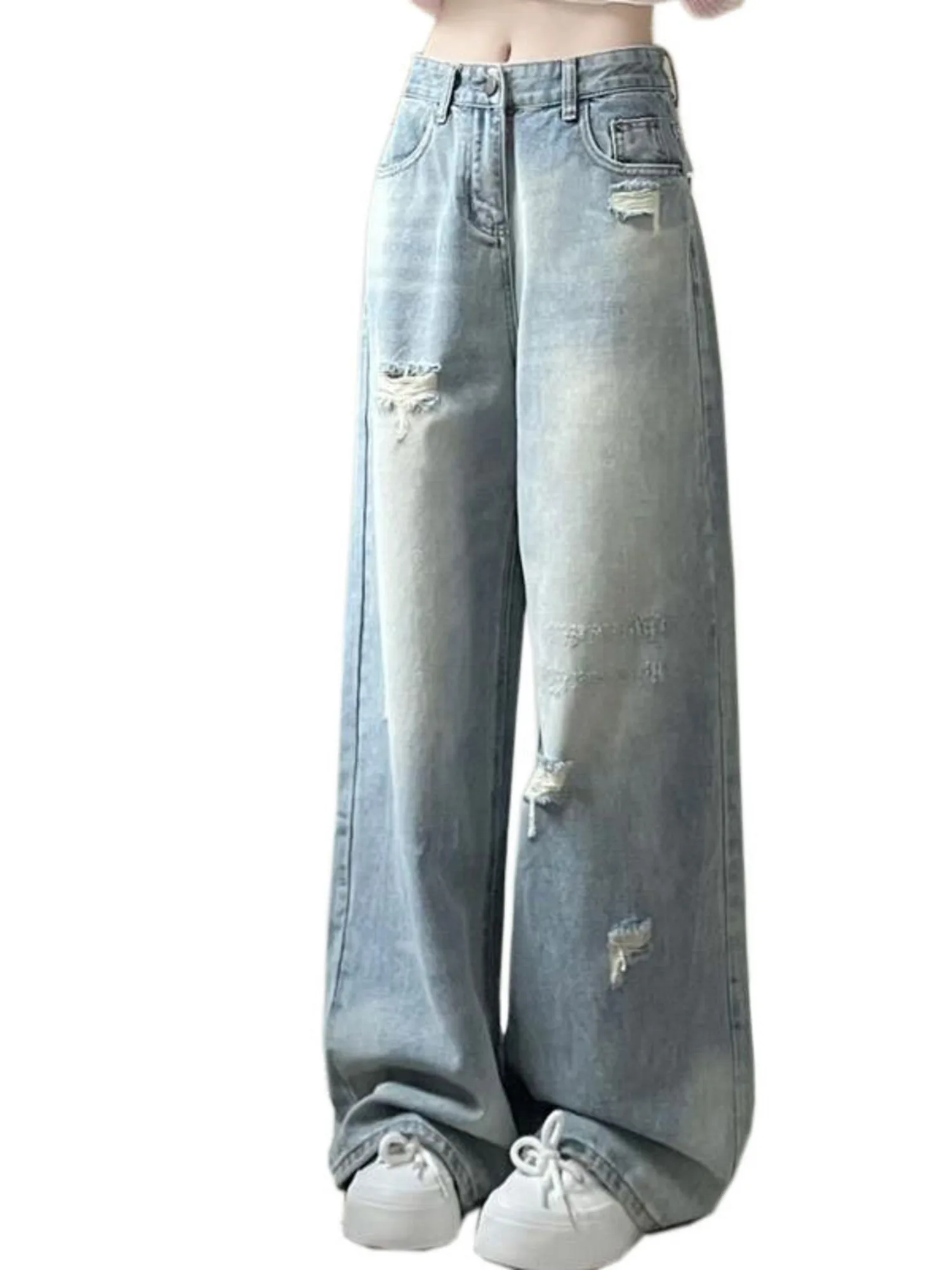 Women's Vintage Washed Wide Leg Jeans Distressed Ripped Denim Pants Cuffed Hem Loose Fit