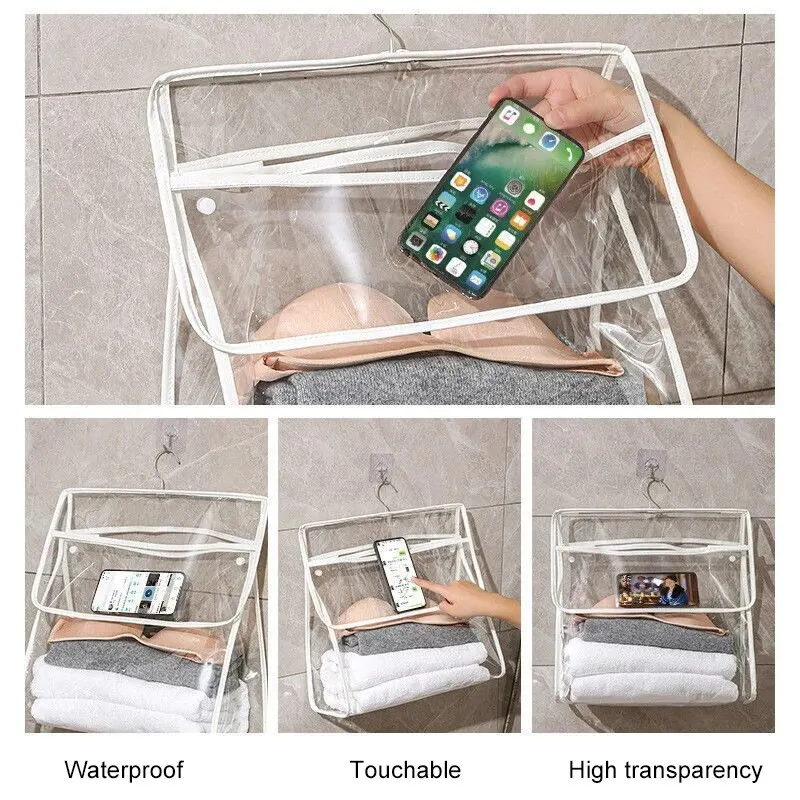 1pc Waterproof Hanging Bathroom Bag Mobile Phone Clothing Storage Bag Cosmetic Storage Bag Transparent Wash Bag