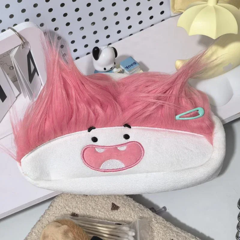 Humorous Pink-haired Large Capacity Plush Pen Pouch with Cartoon Design for School or Gift
