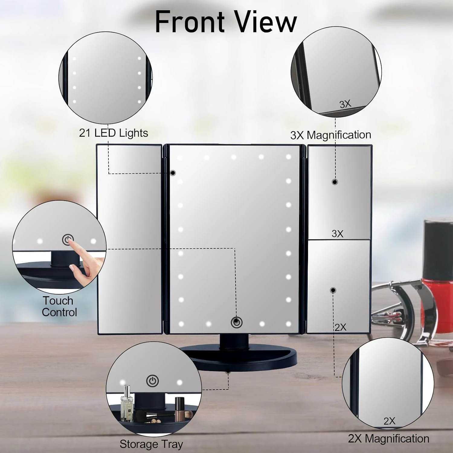 مرآة مكياج محمولة ثلاثية الطي مع أضواء قابلة للتعديل وتكبير 3X - خيارات مكبرة 1X 2X 3X للمكياج المثالي