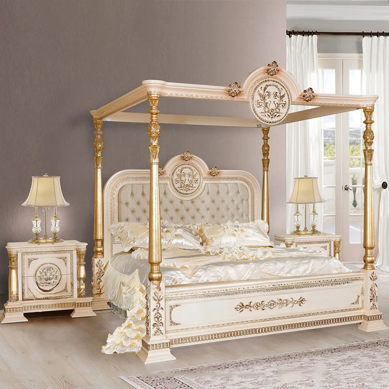 

High-end Classic Furniture Royal Gold Polished Canopy Double Bed Hand Carved Bedroom Wooden Luxury King Canopy Bed
