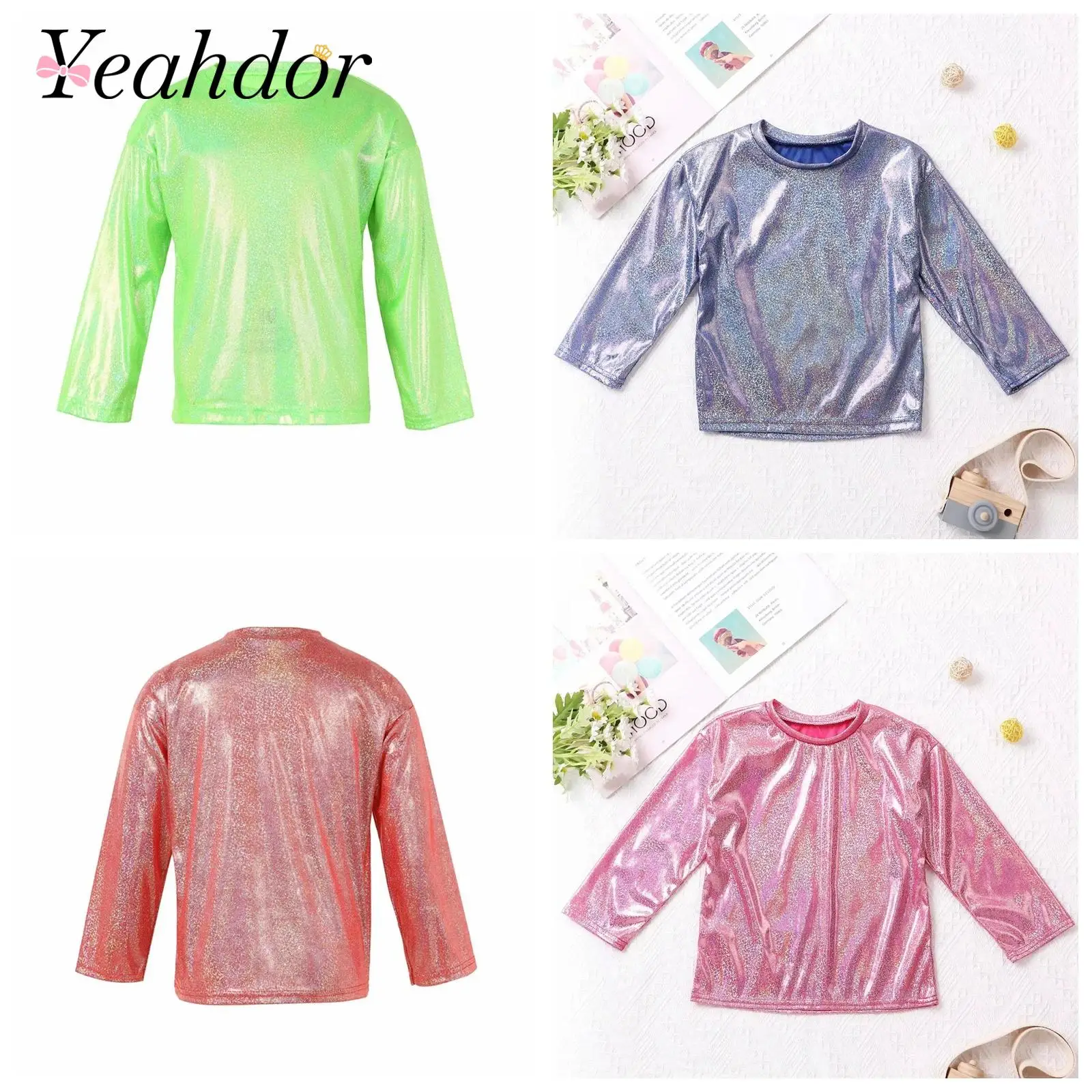 

Fashion Boys Girls T-shirt Kid Shiny Metallic T Shirts Long Sleeve Loose Tops Dancing Party Children's Dance Costume Tshirts