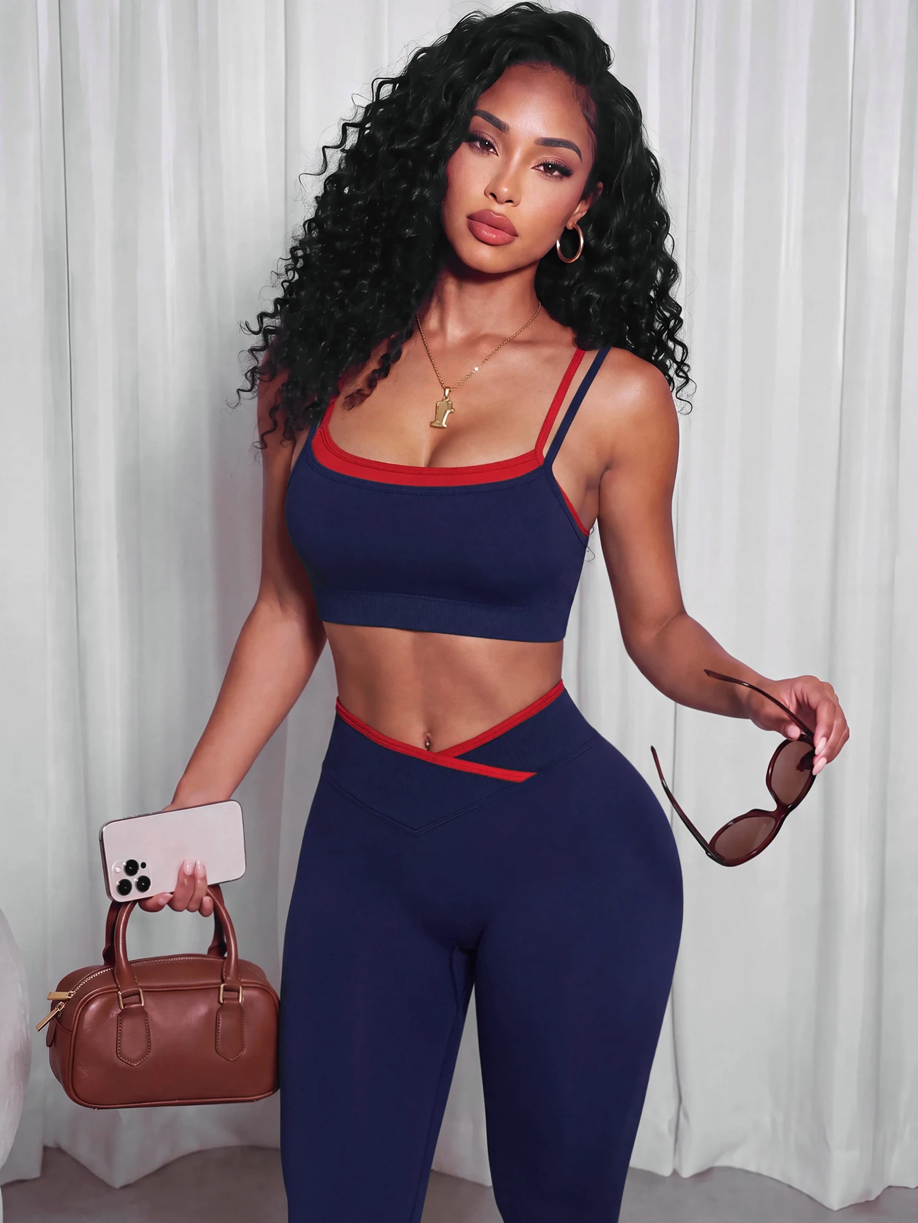 Nahtloses Yoga-Set für Damen, 2-teilig, Sport-BH, High-Waist-Leggings, verstellbare Träger, V-Taille, Po-Lifting, Workout – Detail 8