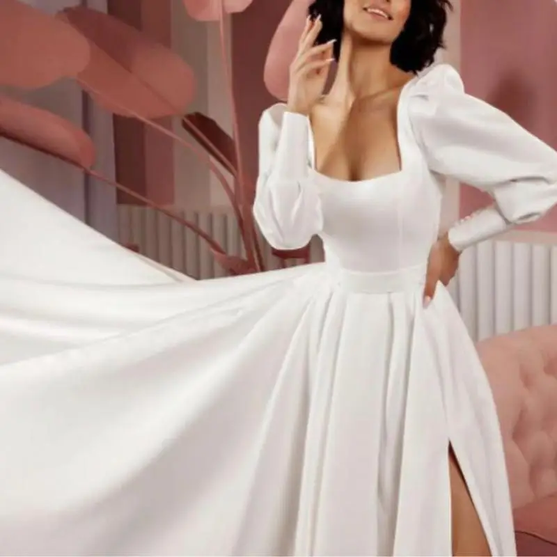 Elegante vestido de casamento com fenda lateral para mulheres personalizado 2025 simples uma linha quadrada mangas compridas com zíper até cetim nupcial crescido