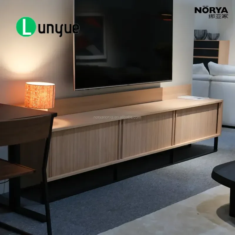 Modern Luxury TV Cabinet with Sliding Panel Door Open Storage Shelf Dark Support Legs Contemporary Media Console for Living