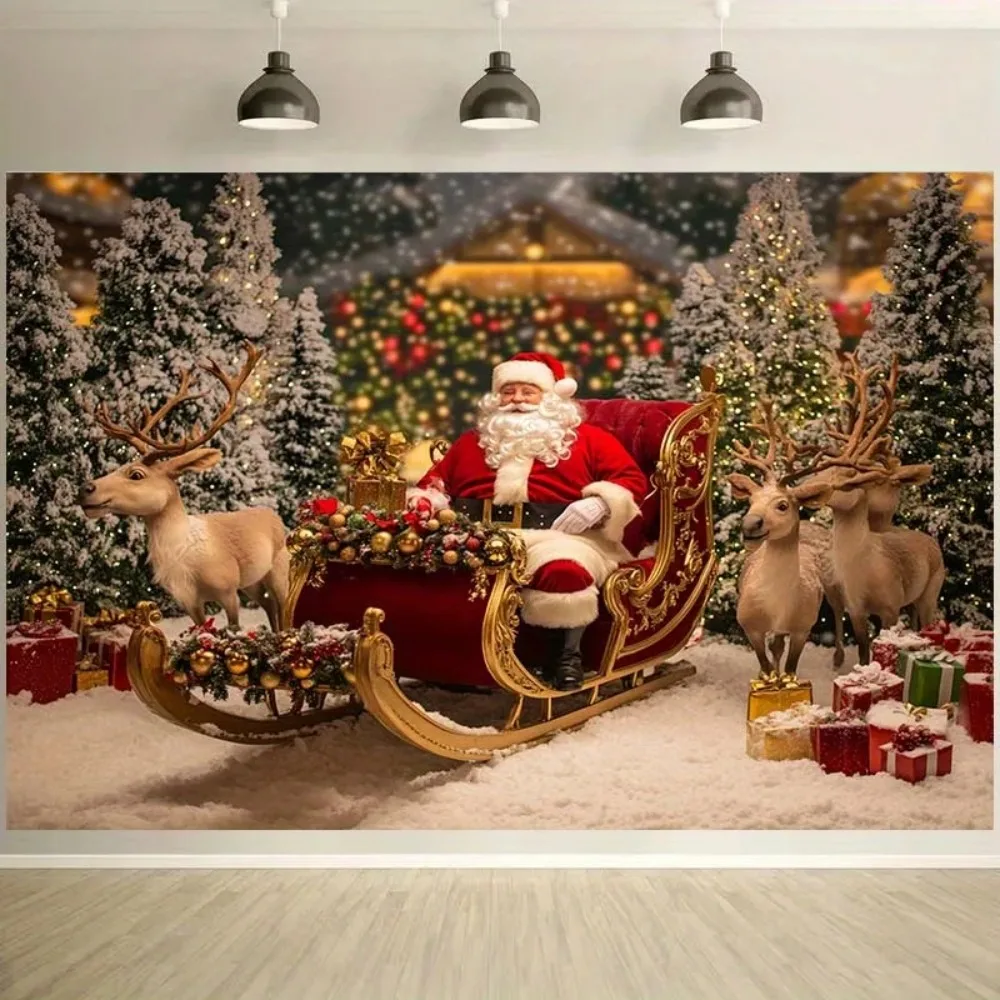 Winter Santa Claus Reindeer Sled Theme Horizontal Blessing Backdrop, Birthday Party, Home Decoration Photography Backdrop Cloth