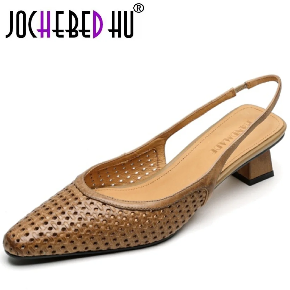 

【JOCHEBED HU】новые женские сандалии на пятке из коровьей кожи с вырезами, элегантные женские летние облегающие туфли на среднем каблуке толщиной 4,5 см, 33-40