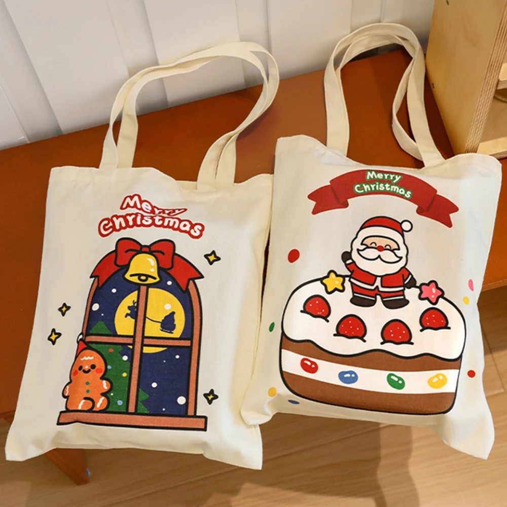 Cartoon Christmas Tote Bag Large Capacity Shopping Bag Casual Shoulder Bag Elk Xmas Canvas Bag School Student Gift
