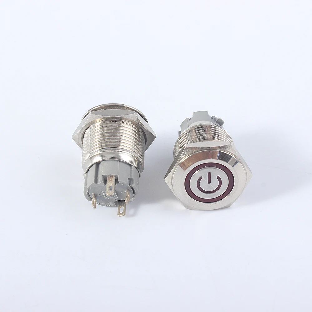 16mm Waterproof Metal Push button Switches With LED Light Flat Head 19mm Momentary self-Reset or Latching With Fixing 4Pins 12V