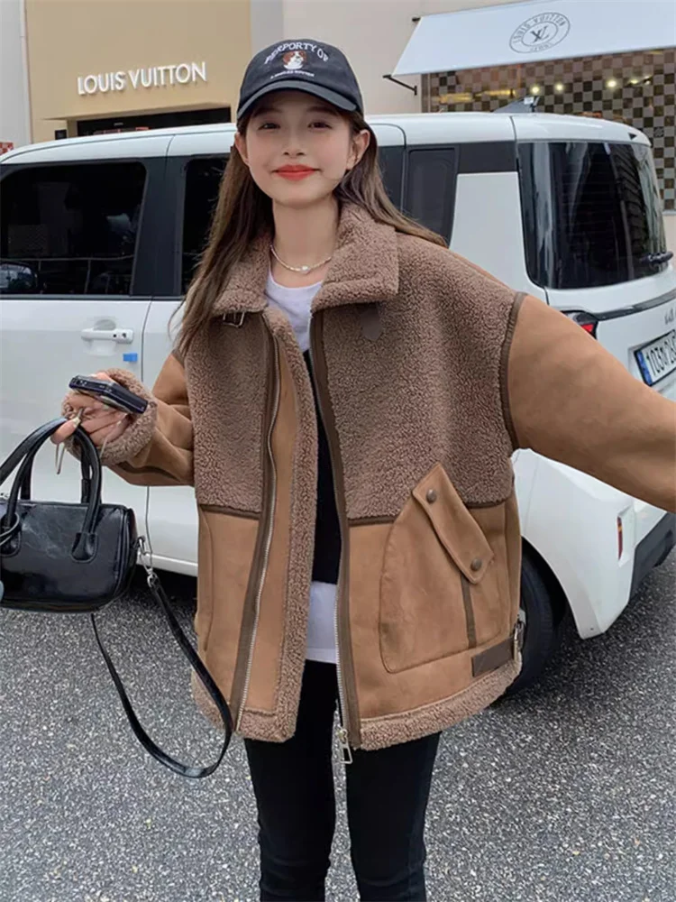 Fur-integrated Lambs Wool Coat Women Winter 2023 New High-grade Sense Add Velvet Padded Warm Stitching Motorcycle Clothes Female