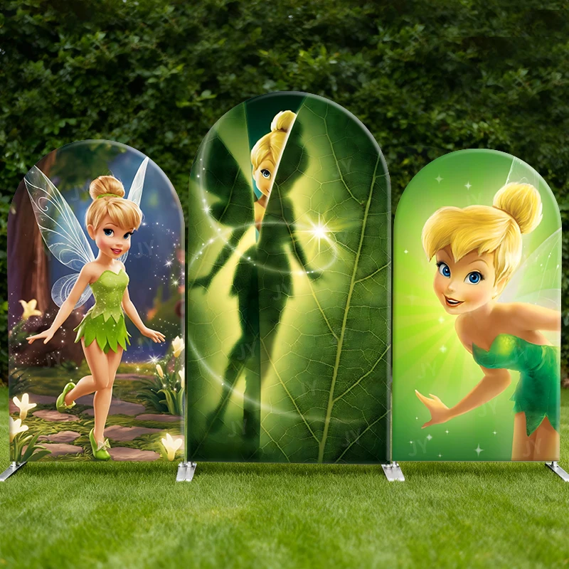 

Tinker Bell Arch Backdrop Cover Disney Green Forest Fairy Cartoon Kids Birthday Baby Shower Decorations Photography Background