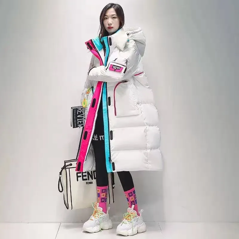 White duck down jacket women's winter foreign style loose and shiny over the knee length contrasting bread jacket