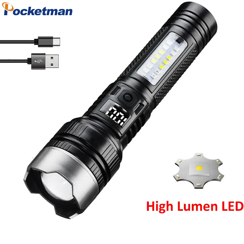 

Super Bright LED Flashlight 5 Lighting Modes USB Rechargeable Flashlights Telescopic Zoom Torch with Red/Blue COB Side Lights