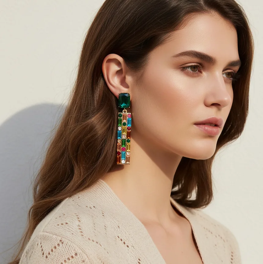 Light luxury gorgeous long gradual change color rhinestone earrings exquisite super flash advanced sense retro earrings women