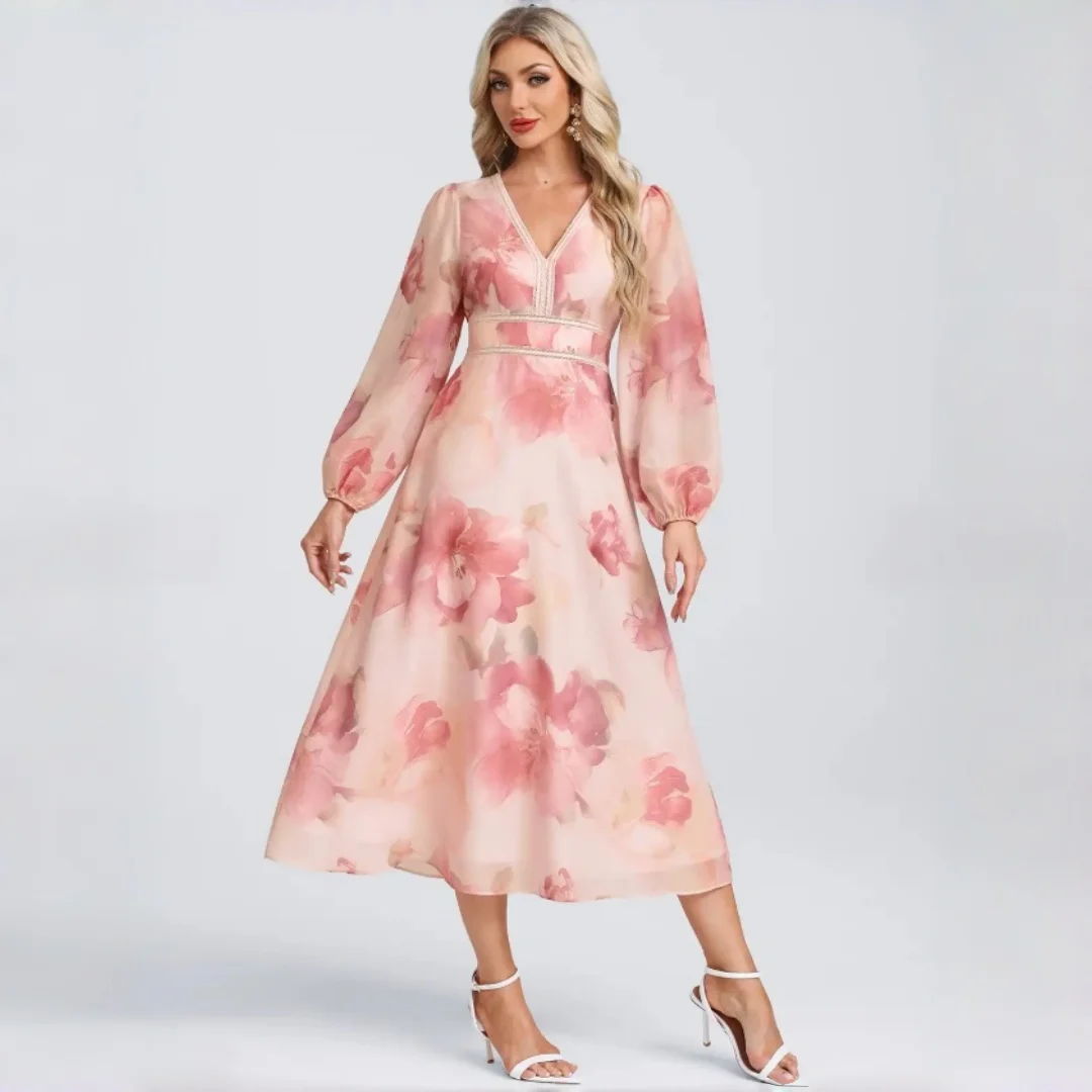 Women Burgundy Midi Dress V Neck Puff Long Sleeve Waist Button A Line Flowy Dress Christmas Holiday Wedding Guest Dresses