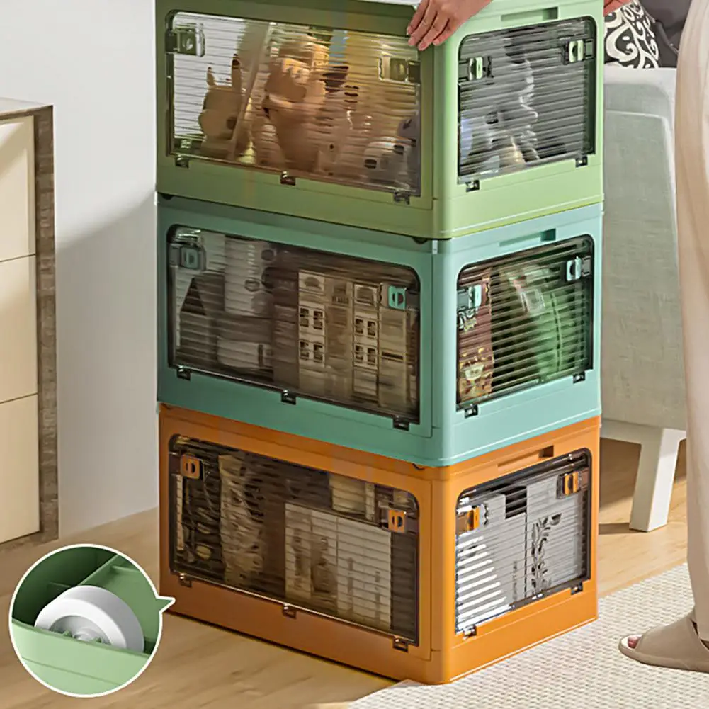 Stackable Book Storage Box Pulley Cube Folding Storage Bin Toys Locker Storage Container Translucent Clothes Container Organizer