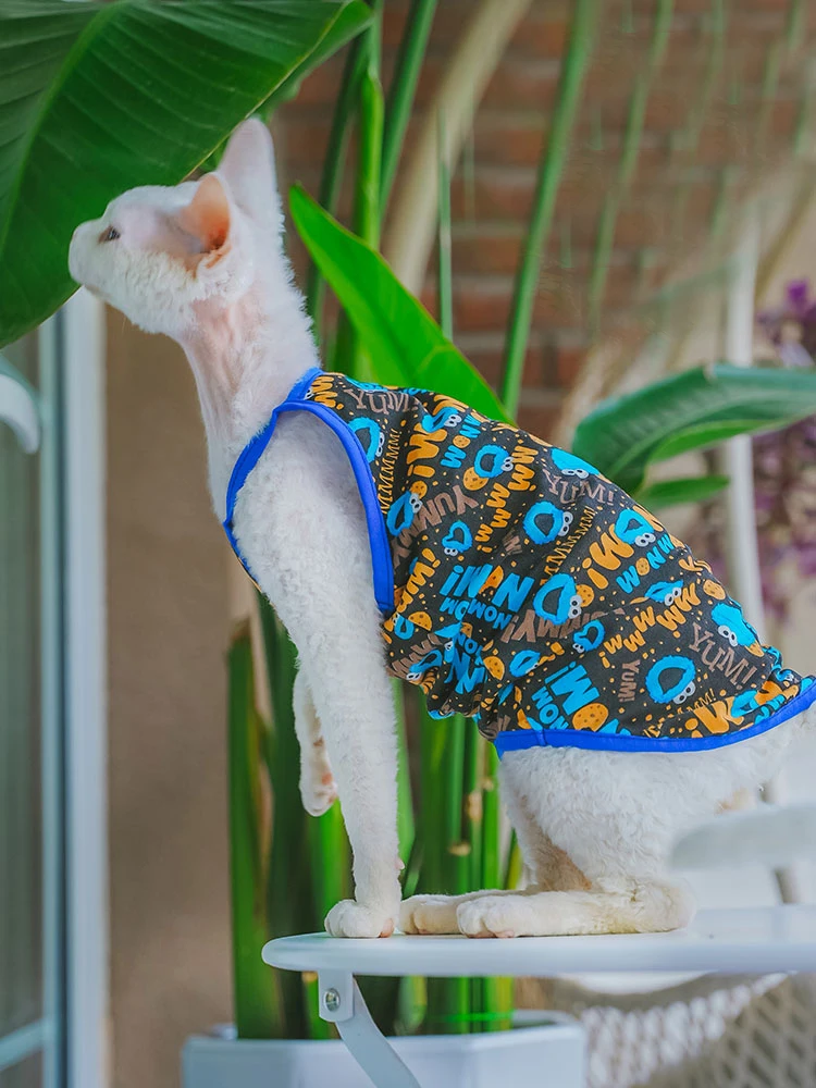 Cat Clothes Summer Blue Cotton Mesh breathable Vest for Sphynx Cat Sleeveless T-shirt for Kittens Cartoon Coat for Devon