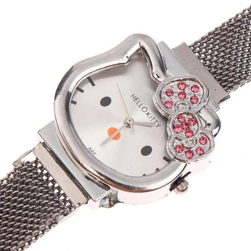 Miniso Anime Cartoon Sanrio Hello Kitty Diamond Bow Students Watch Lovely Girls Stainless Steel Belt Magnet Strap Watch Gifts