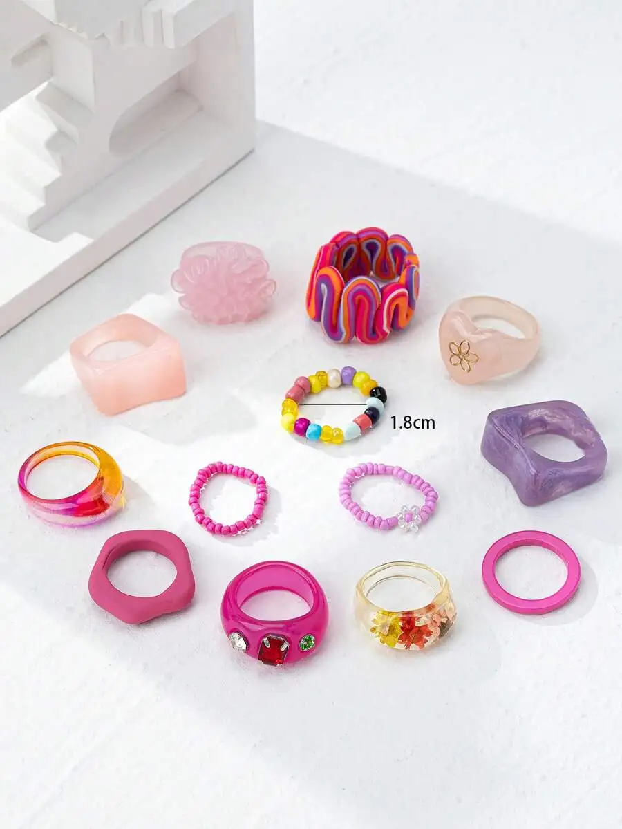 

13pcs Asymmetrical Multi-Element Pink Fashion Rings Set For Women Party Daily Wear