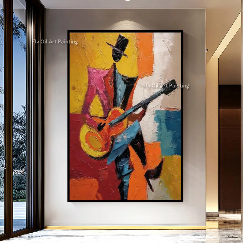 Abstract Red Yellow Artwork Men Playing Guitar Original Oil Painting Handmade Canvas Thick Blue White Women Portrait Wall Decor