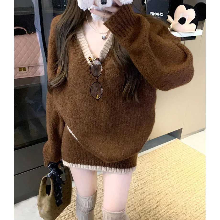 

Fake Two-piece Contrasting Color V-neck Sweater Two-piece Set Autumn and Winter Casual Pullover Knitted Skirt Set Women