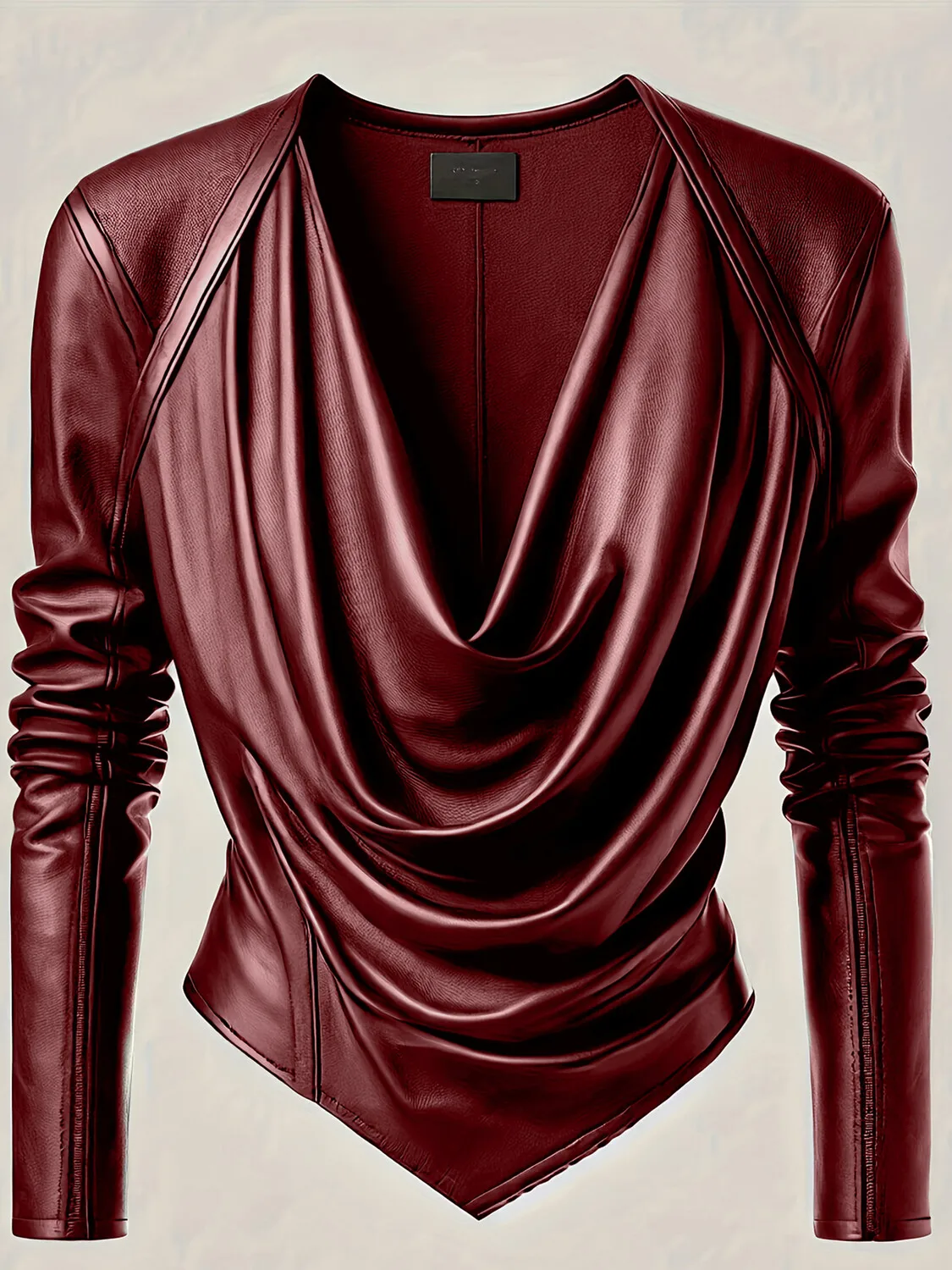 Women Cowl V Neck PU Leather Long Sleeve Blouse Cinched Irregular Hem Solid Leather T Shirt High Street Spring Streetwear