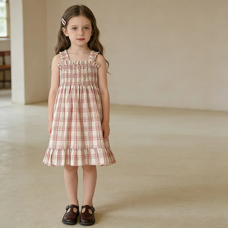 2026 Summer New Girls' Gentle Style Pleated Shoulder Strap Mid Length Cotton Dress