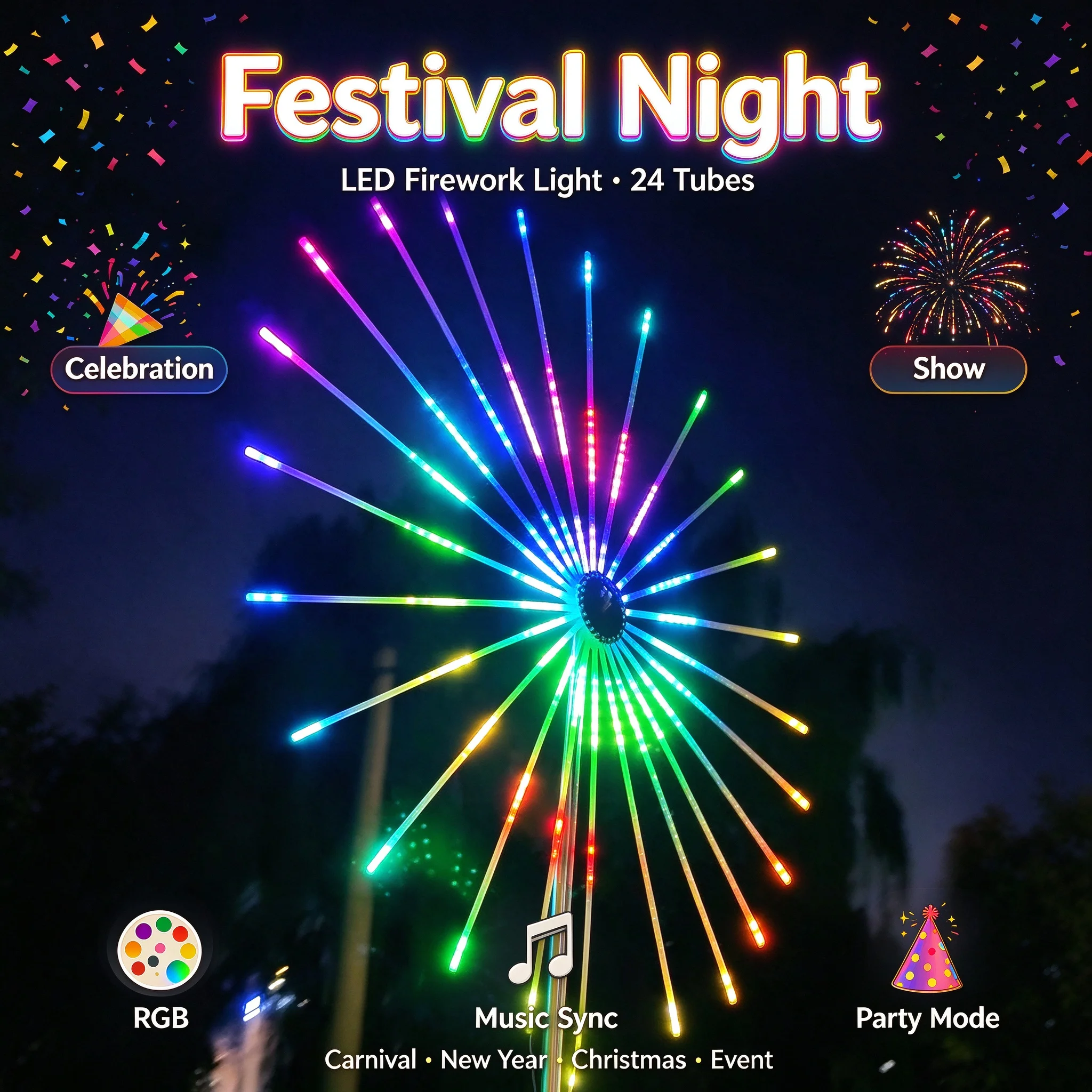 2026 Firework Lights, Color Jump RGB Effect, Sound Activated, Waterproof, Dual Speakers, APP Remote