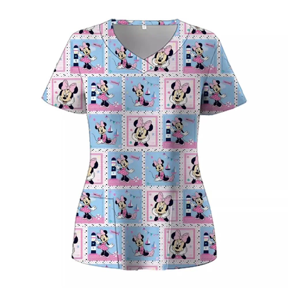 T Shirts Minnie Mouse T-shirts V Neck Woman Clothes Hospital Tops Disney Top Women 2025 Nurse Uniform T-shirt Pocket Summer Tees