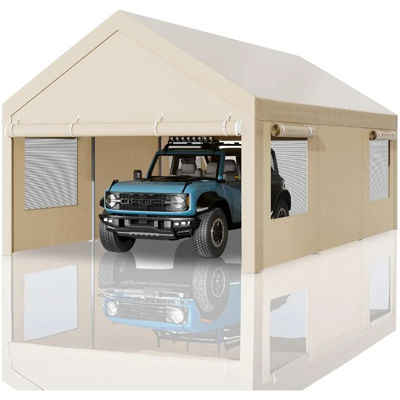 12x20 FT Carport, Heavy Duty Carport Canopy with Roll-up Windows, Portable Garage with Removable Sidewalls & Doors,Boat(Khaki)