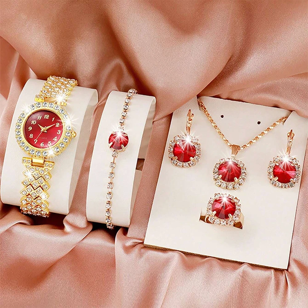 6PCS/Set Women's Red Alloy Strap Fashion Water Diamond Quartz Watch Necklace Earrings Jewelry Set