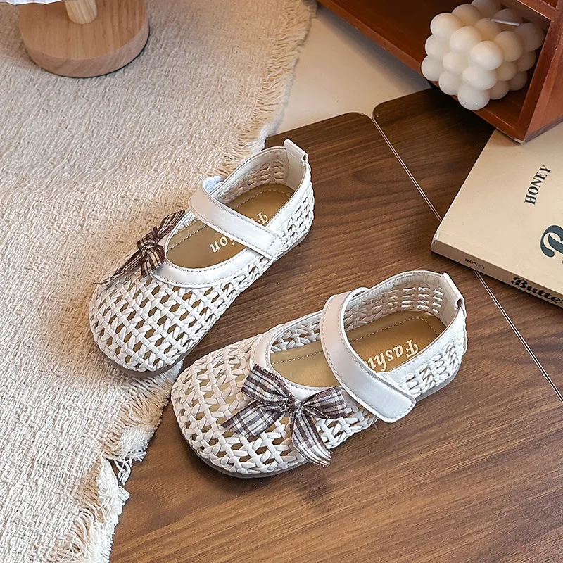 

Детские плетеные туфли без каблука с бантом, нескользящие, для девочек, балетки Мэри Джейн, повседневные, для праздников, свадеб, детские туфли с вырезами