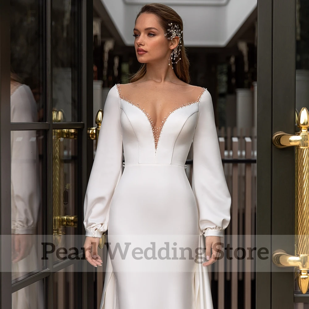 Robe de mariée sirène à manches longues, col rond, longueur au sol en Jersey avec traîne à balayage, robes de mariage formelles à perles