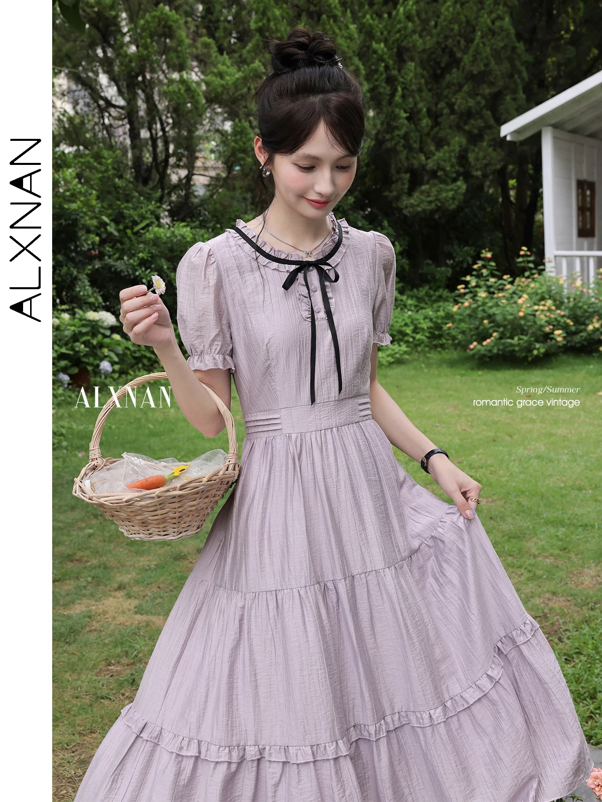 

ALXNAN Women's Purple Dress Elegant A-line Long Holiday Lyocell Dresses 2025 Summer Casual Party Short Sleeve Clothing L559107