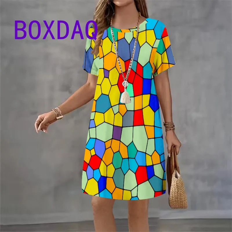 Colorful Block Pattern Print Women Dresses Casual Summer Short Sleeve O-Neck Loose A-Line Dress Street Fashion Female Sundress