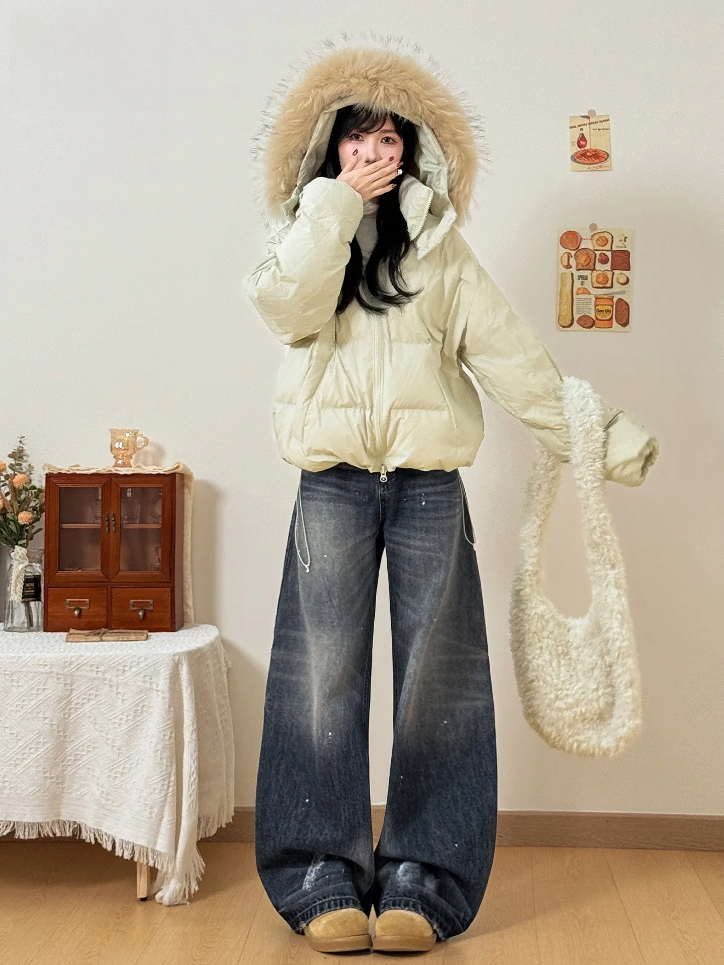 

American Style High Waist Wide Leg Jeans Women's Loose Fit Slimming Washed Dye Knife Casual Cotton Polyester Blend