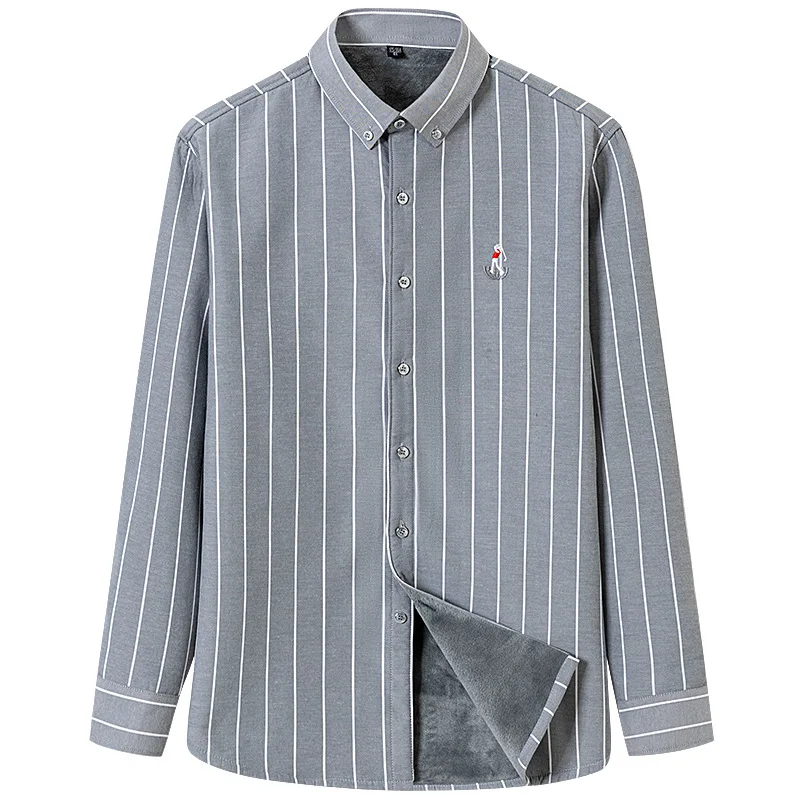 Men's Oxford Cloth Long Sleeve Fleece Lined Shirt Warm Striped Thick Casual Trendy Workwear Autumn Winter Fashion Outerwear