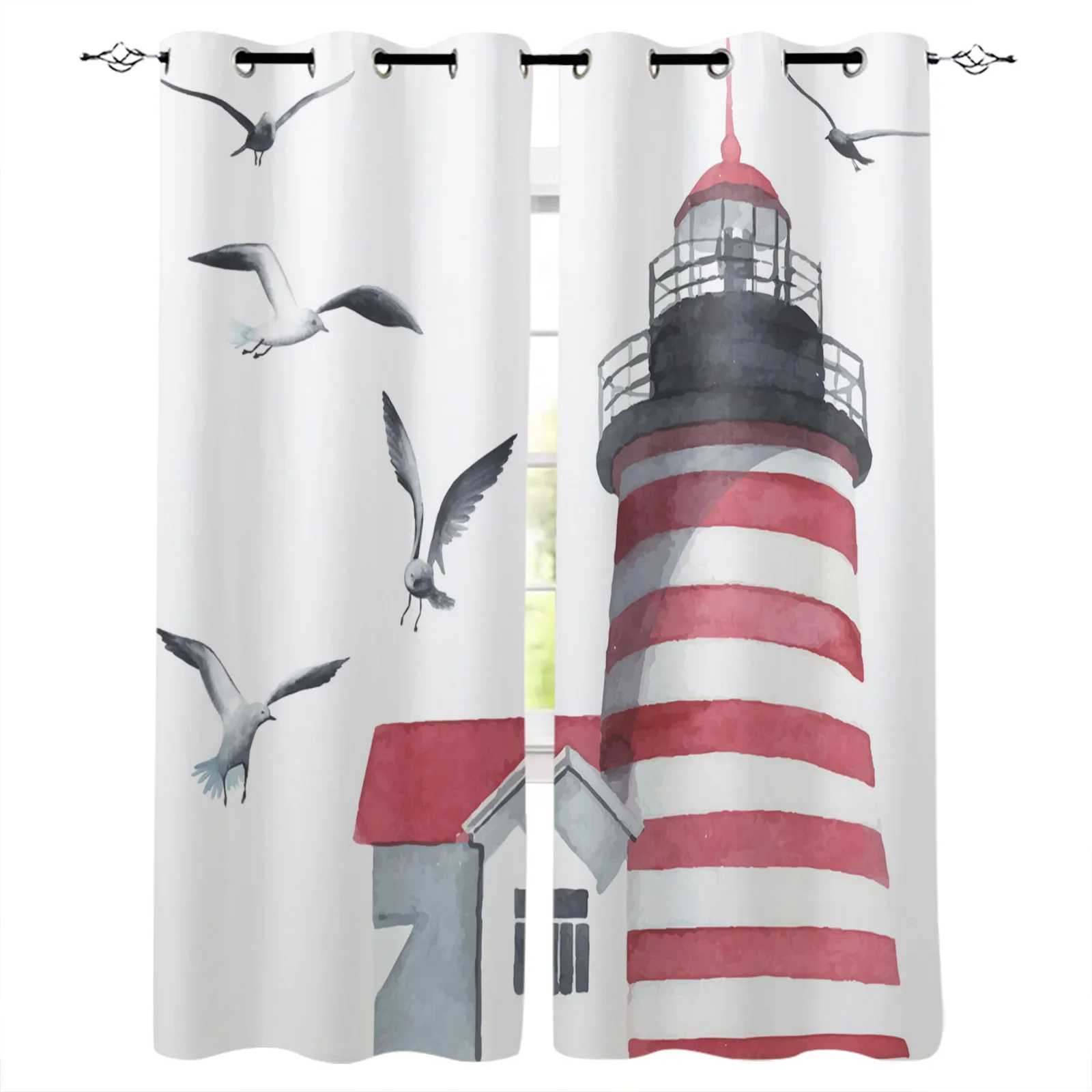 Lighthouse Seagull Watercolor Art White Blackout Curtains Window Curtains For Bedroom Living Room Decor Window Treatments