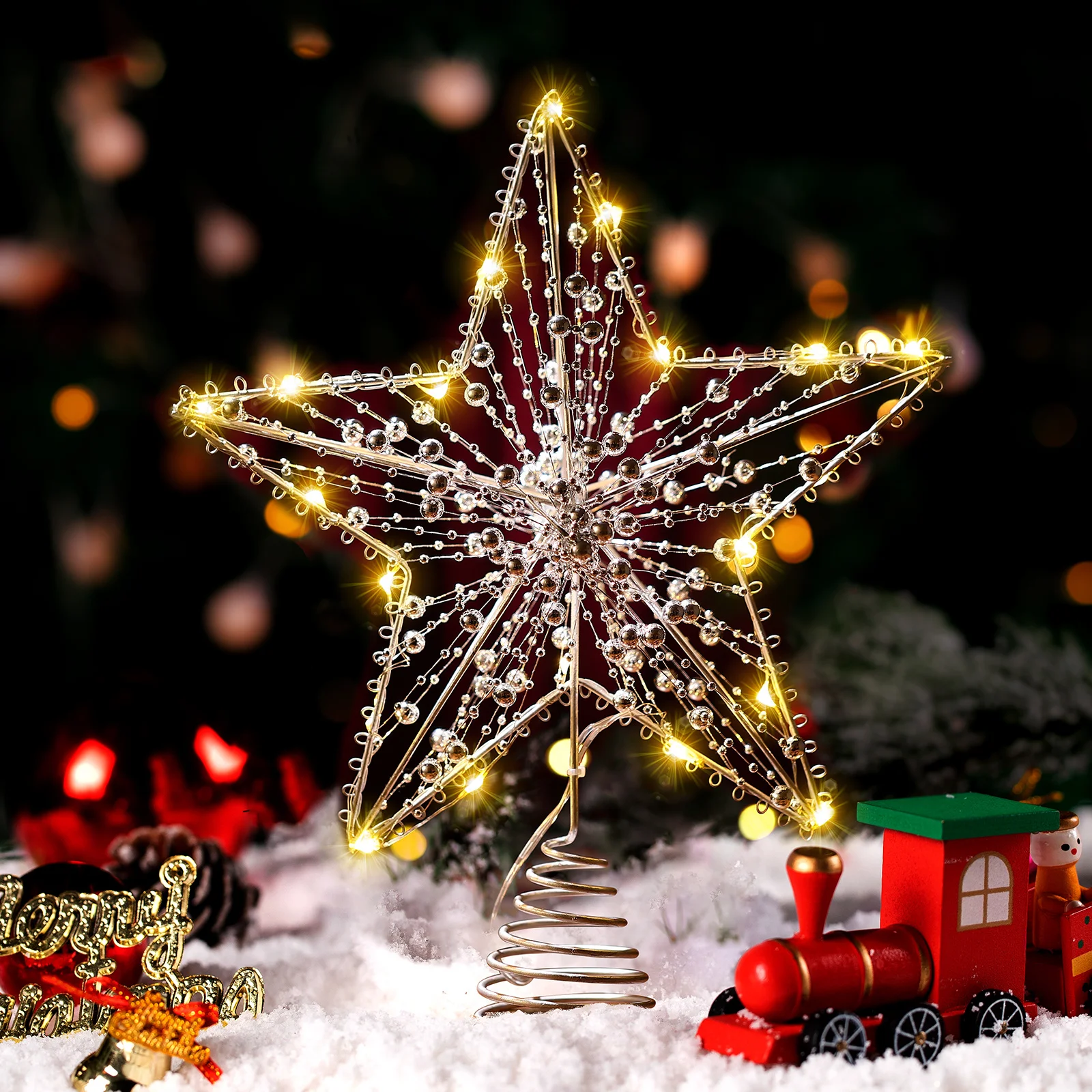 

Lighted Tree Topper Christmas Decor Wire Star Treetop Rustic Mini Xmas Toppers Beads