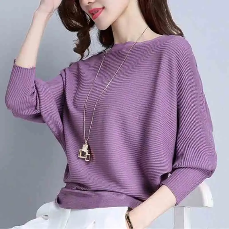 Fashion Women Clothing Contrast Bat Long Sleeve Sweater Spring Autumn New Korean Loose Versatile Casual Knitted Pullovers Tops