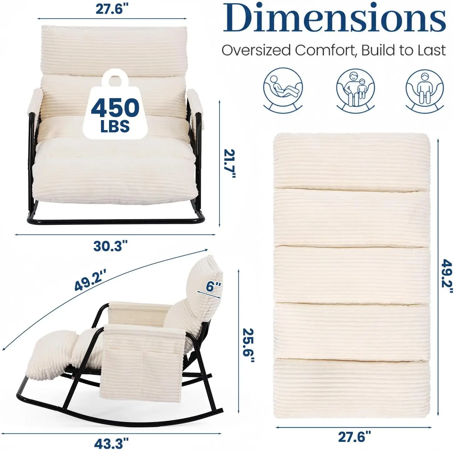 Oversized Rocking Recliner Chair with Footrest, Corduroy, 3-Level Reclining, Beige