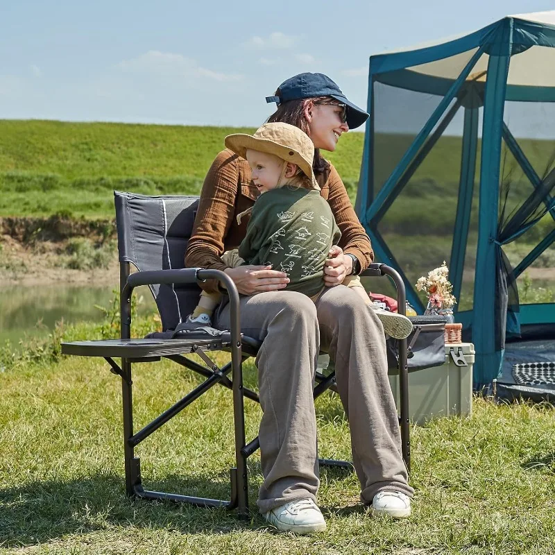 كرسي قابل للطي مع طاولة قابلة للفصل - كرسي خارجي خفيف الوزن مع جيب مبرد، كرسي في الحديقة والمخييم للنزهة وحقائب الظهر