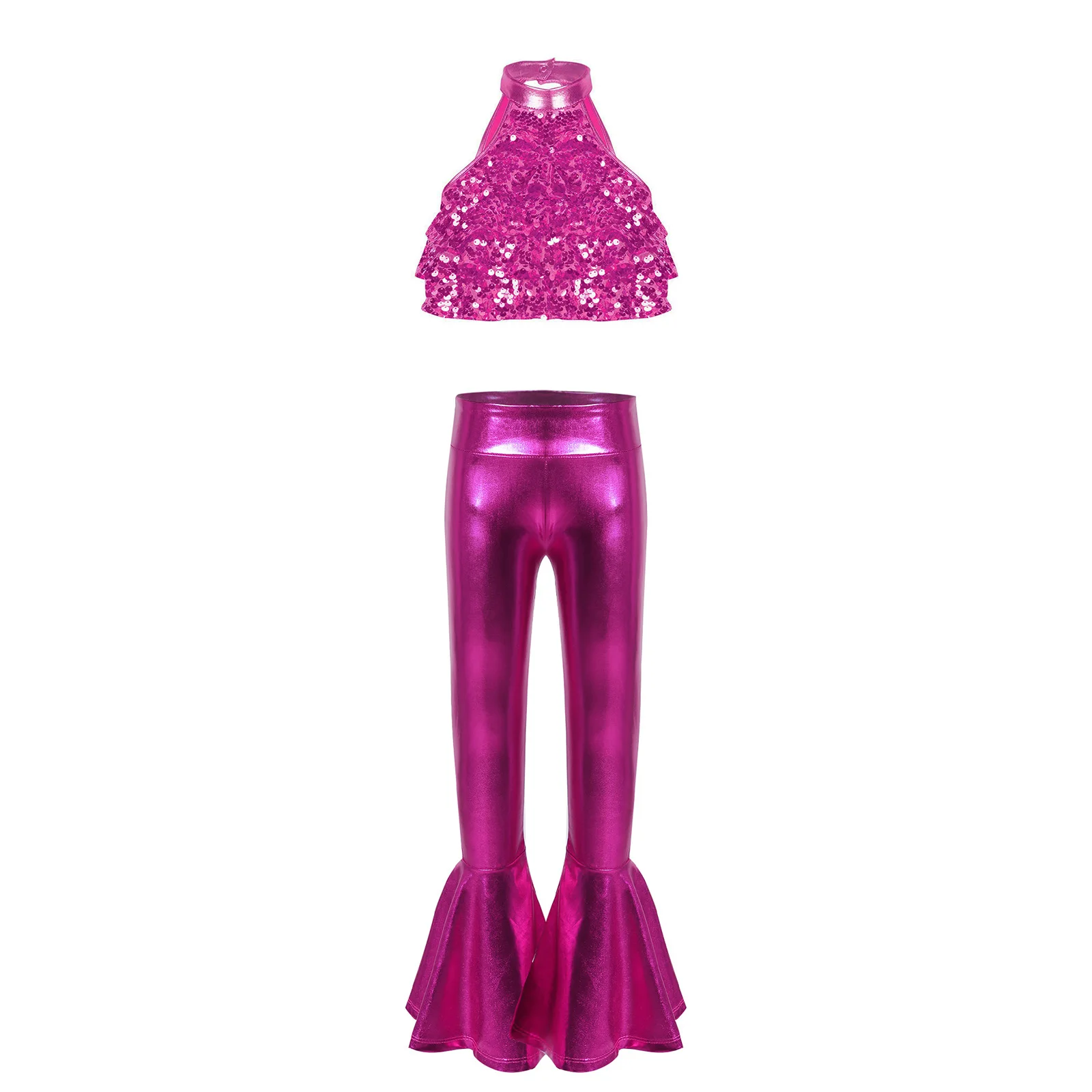Kids Girls Jazz Dance Performance Costume Sleeveless Cutout Shiny Sequin Crop Top with Bell-bottom Pants Dancewear Set Hip Hop